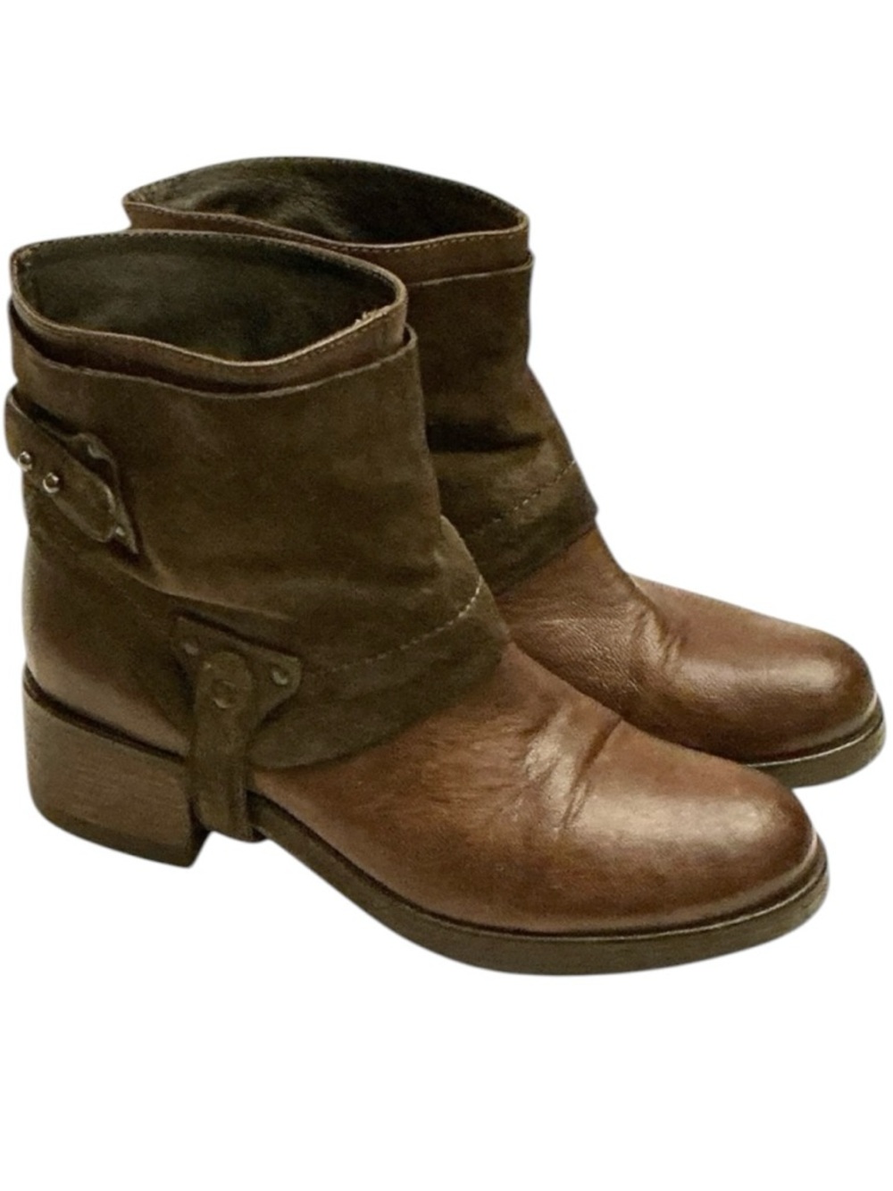 Vera Wang Lavender Ester Moto Designer Ankle Boots Brown Leather Suede Sz 9.5/41